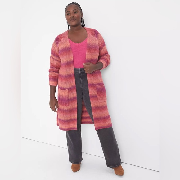 Lane Bryant Classic Open-Front Spacedye Cardigan Pink Bloom longline Rainbow - Picture 2 of 13